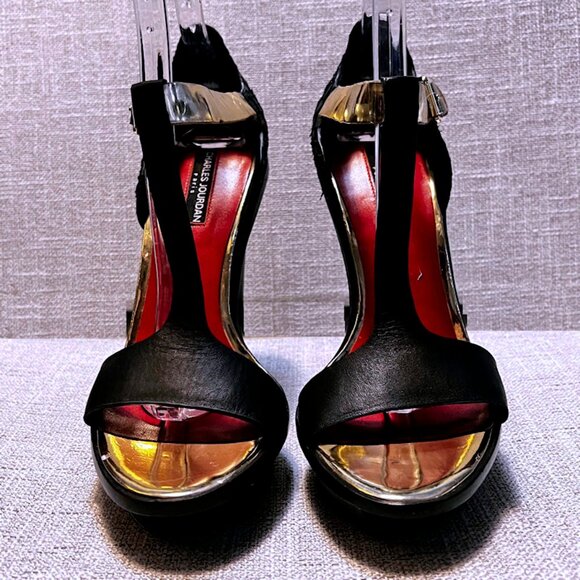 Vintage CHARLES JOURDAN PARIS Open Toe Leather T-Strap Platform High Heels Black - Picture 9 of 15